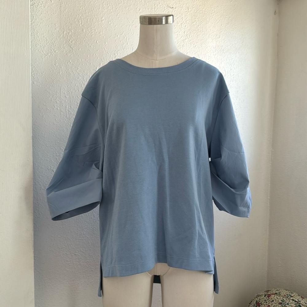 Athleta Hi Low Cinch Sleeve Tee Top Dusty Blue Cotton Blend Crew Neck